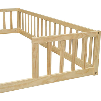 Double Twin Floor Bed with Fence, Guardrails, without door, Natural