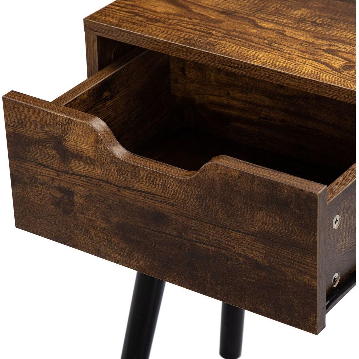 Set of 2 Mid Century Wood Side Table, End Table with 1 Storage Drawer, Nightstand for Bedroom Living Room, Rustic Brown and Black