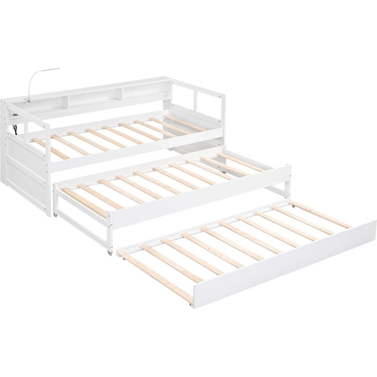 Twin XL Wood Daybed with 2 Trundles, 3 Storage Cubbies, 1 Light for Free and USB Charging Design, White