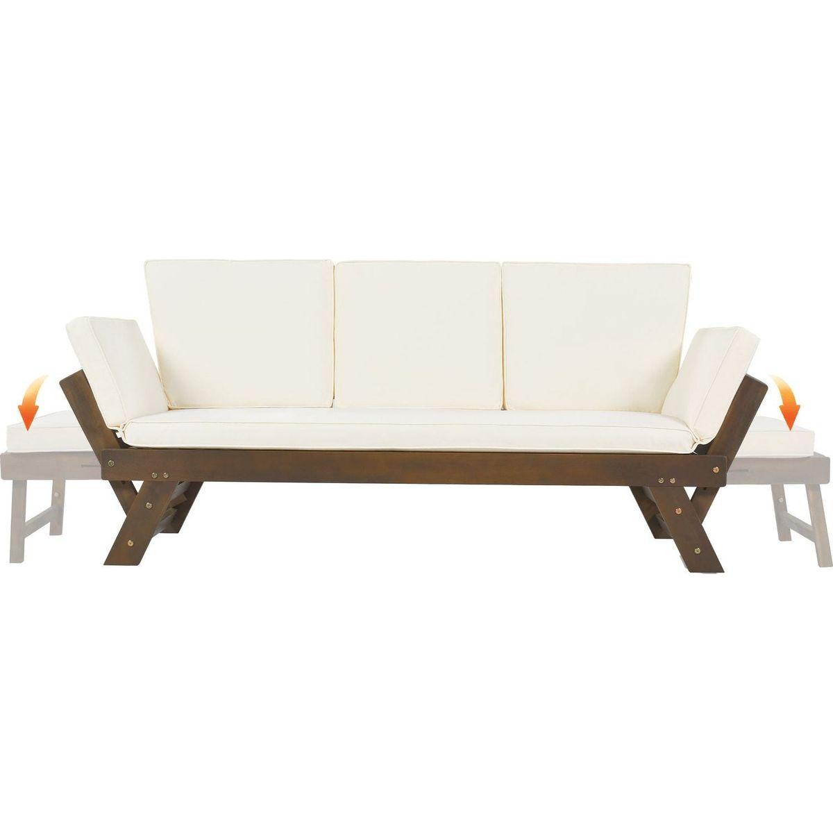 Outdoor Adjustable Patio Wooden Daybed Sofa Chaise Lounge with Cushions for Small Places, Brown Finish+Beige Cushion