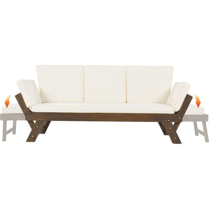 Outdoor Adjustable Patio Wooden Daybed Sofa Chaise Lounge with Cushions for Small Places, Brown Finish+Beige Cushion