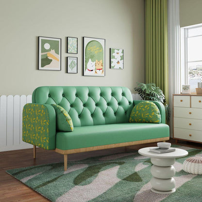 green Loveseat sofa with tulip pattern Modern Upholstered Two Seater PU Sofa with 2 dumpling-shaped throw pillows with tulip patterns