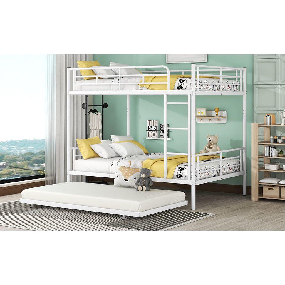 Full Over Full Metal Bunk Bed with Trundle, White