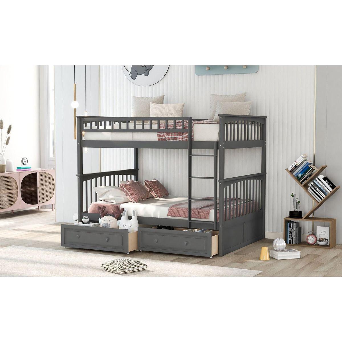 Full over Full Bunk Bed with Drawers, Convertible Beds, Gray