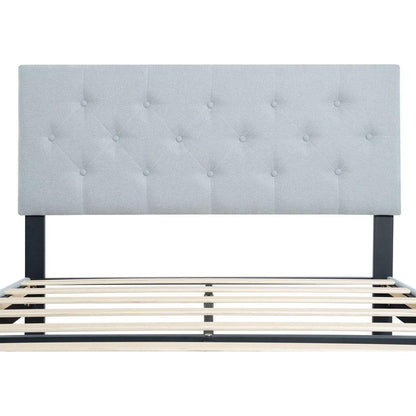 Twin Size Upholstered Platform Bed Frame with Modern Button Tufted Linen Fabric Headboard, No Box Spring Needed, Wood Slat Support, Easy Assembly, Grey