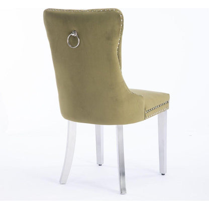 Nikki Collection Modern, High-end Tufted Solid Wood Contemporary Velvet Upholstered Dining Chair with Chrome Stainless Steel Plating Legs,Nailhead Trim,Set of 2,Olive-Green and Chrome