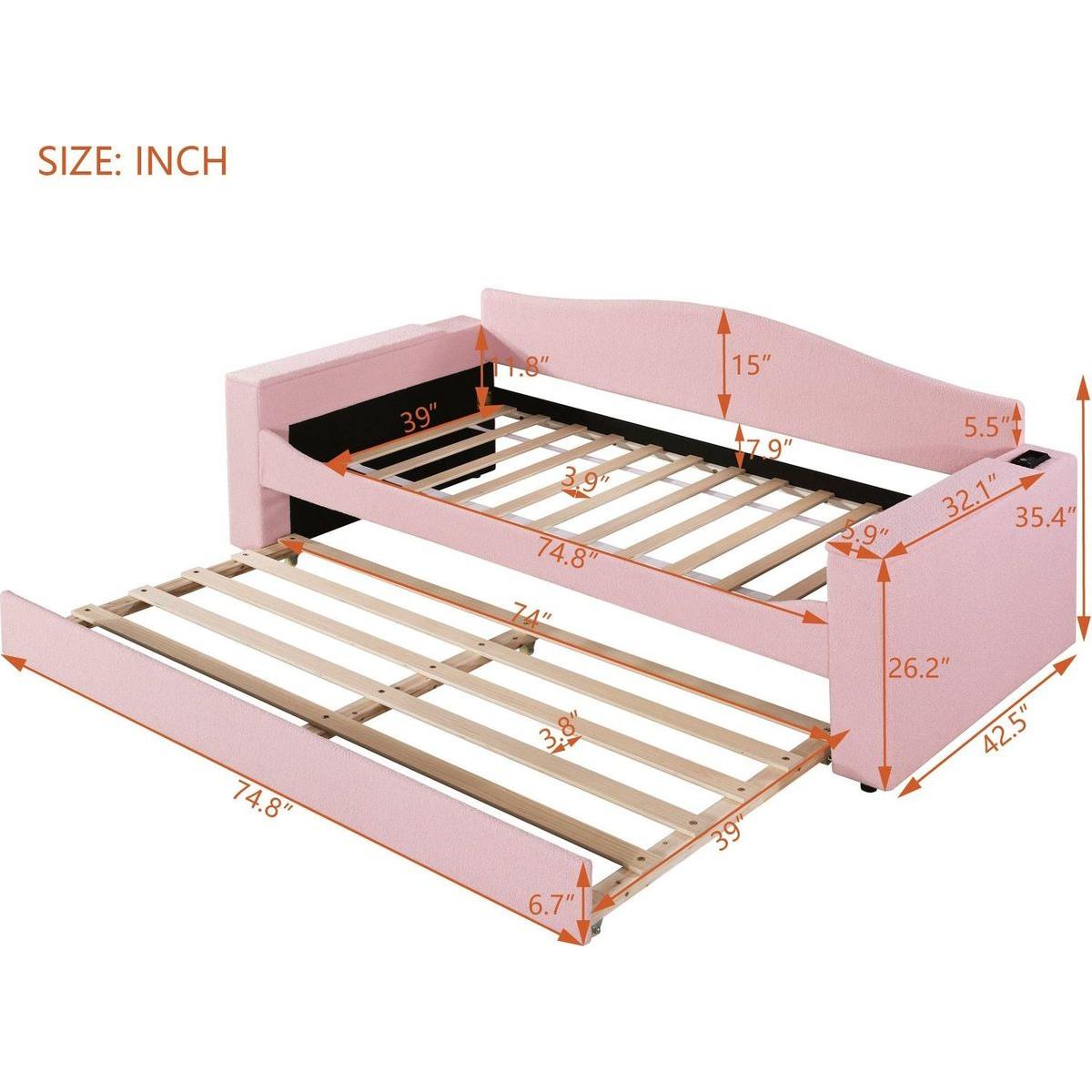 Twin Size Upholstered Daybed with Storage Armrests, Trundle and Latest Integrated Bluetooth Audio System, Teddy Fleece, Pink