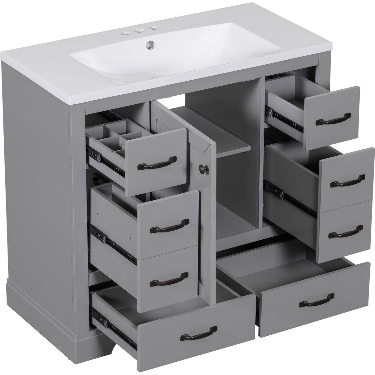 36" Bathroom Vanity with Sink Combo, Six Drawers, Multi-Functional Drawer Divider, Adjustable Shelf, Grey