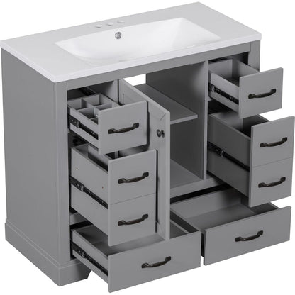 36" Bathroom Vanity with Sink Combo, Six Drawers, Multi-Functional Drawer Divider, Adjustable Shelf, Grey