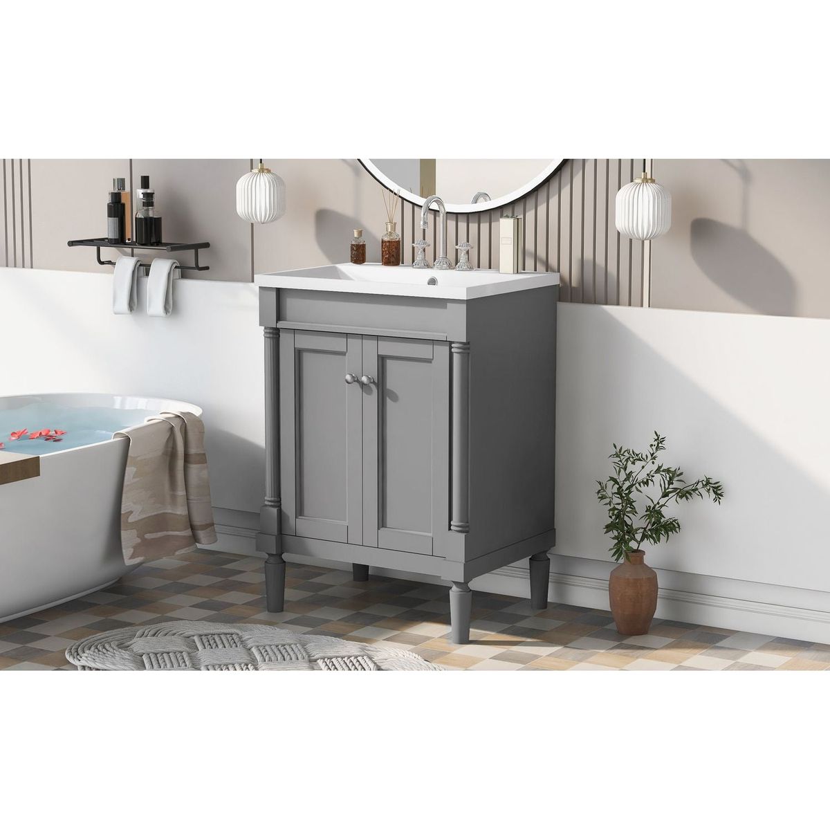 24" Bathroom Vanity with Top Sink, 2-Tier Modern Bathroom Storage Cabinet, Single Sink Bathroom Vanity, Large Storage Shelves