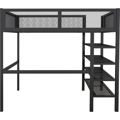 Full Size Metal Loft Bed with 4-Tier Shelves and Storage, Black