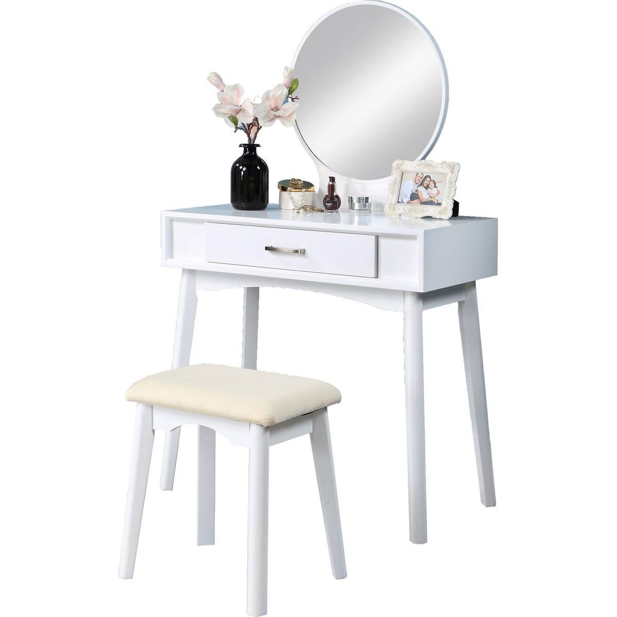 Maly Contemporary Wood Vanity and Stool Set, White