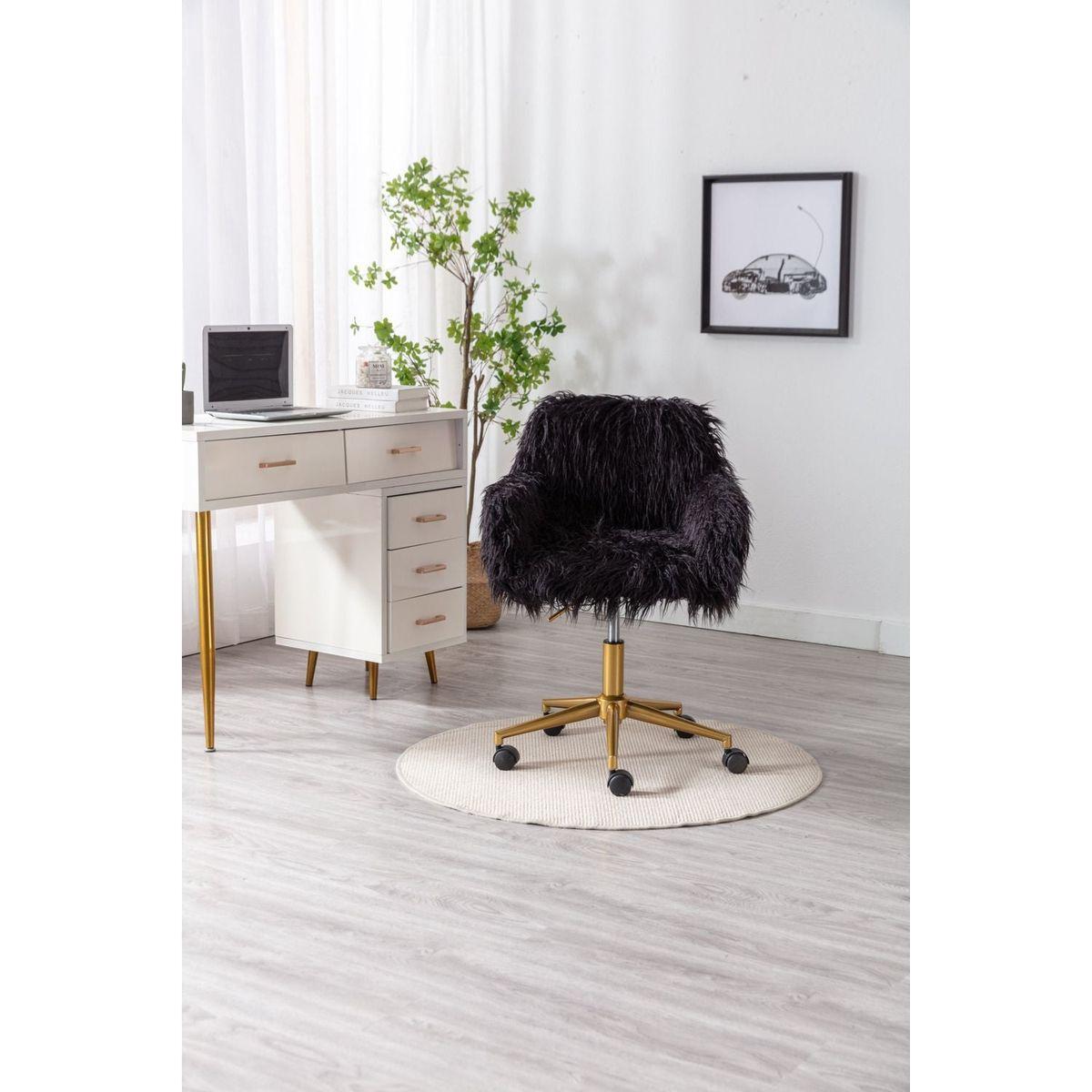 Modern Faux fur home office chair, fluffy chair for girls, makeup vanity Chair with Gold Plating Base