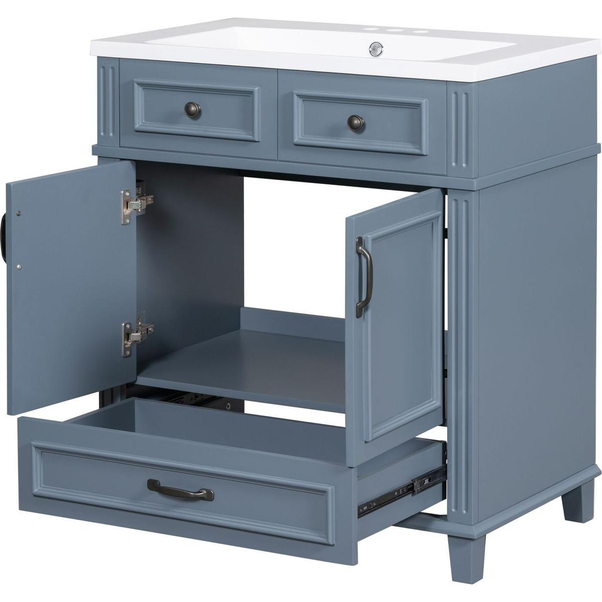 30" Bathroom Vanity with Resin Sink,Solid Wood Frame Bathroom Storage Cabinet with Soft Closing Doors,Retro Style, Blue