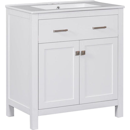 30-inch Bathroom Vanity with Ceramic Sink, Modern White Single Bathroom Cabinet with 2 Doors and a Shelf, Soft Close Doors