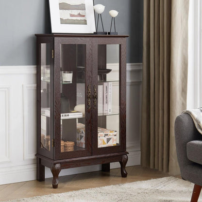 2 Doors Curio Cabinet with Tempered Glass Doors, Curio Cabinets with Mirrored Back Panel and Adjustable Shelves, Lighted Display Cabinet for Home, Office Light Bulb Included Cherry