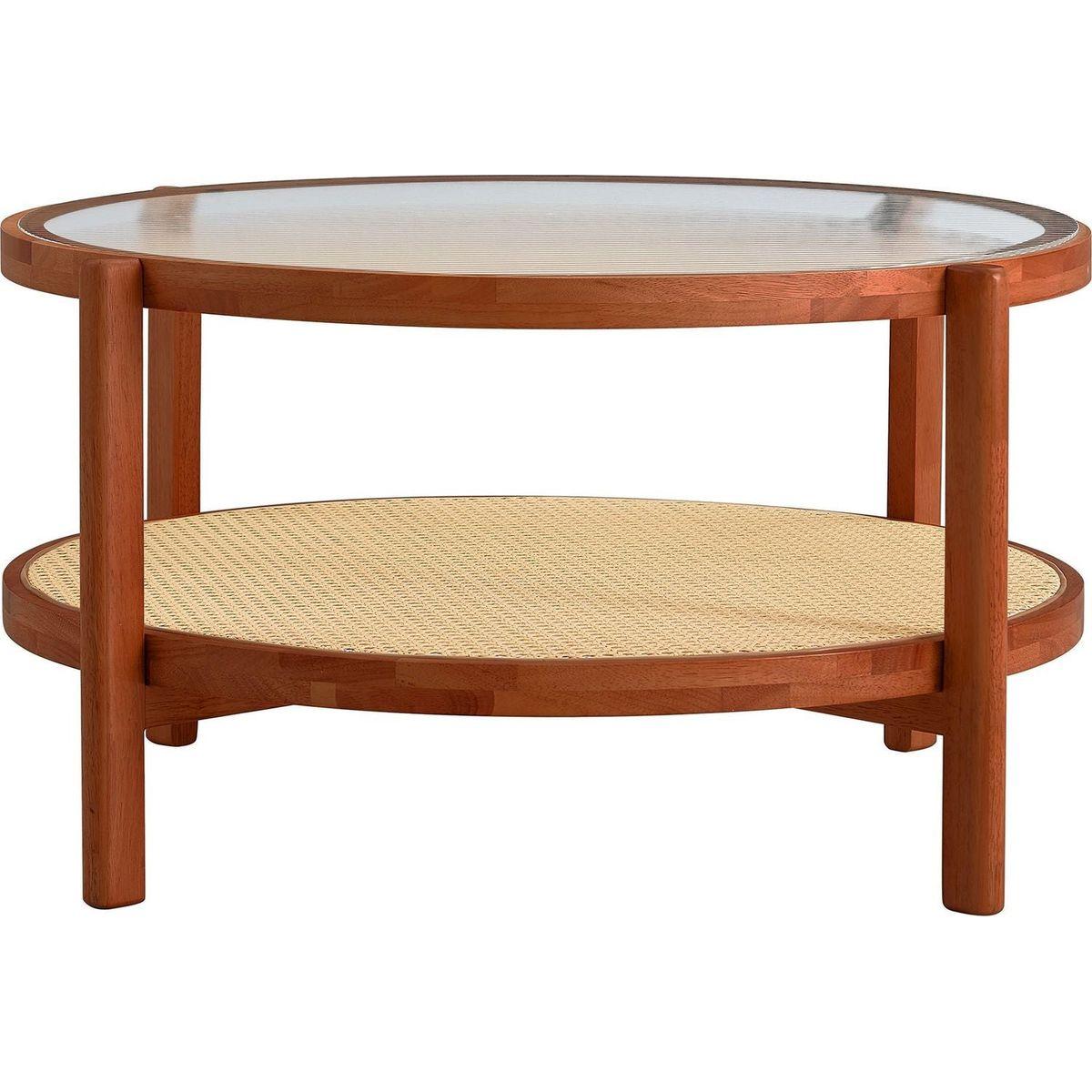 Modern minimalist circular double-layer solid wood coffee table, craft glass tabletop, second layer material: PE rattan, solid wood frame. 34.6 'x 34.6' x 17.7"