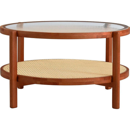 Modern minimalist circular double-layer solid wood coffee table, craft glass tabletop, second layer material: PE rattan, solid wood frame. 34.6 'x 34.6' x 17.7"