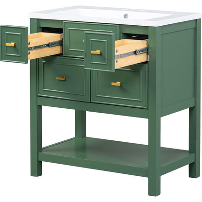 30" Bathroom Vanity with Resin Sink Combo, Free Standing Single Vanity Set with 5 Drawers, Solid Wood Frame Bathroom Storage Cabinet, Green