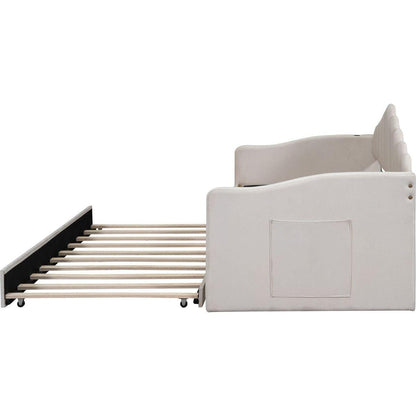 Twin size Upholstered Daybed with Trundle, Velvet Sofabed with USB Charging Ports,No Box-spring Needed,Beige