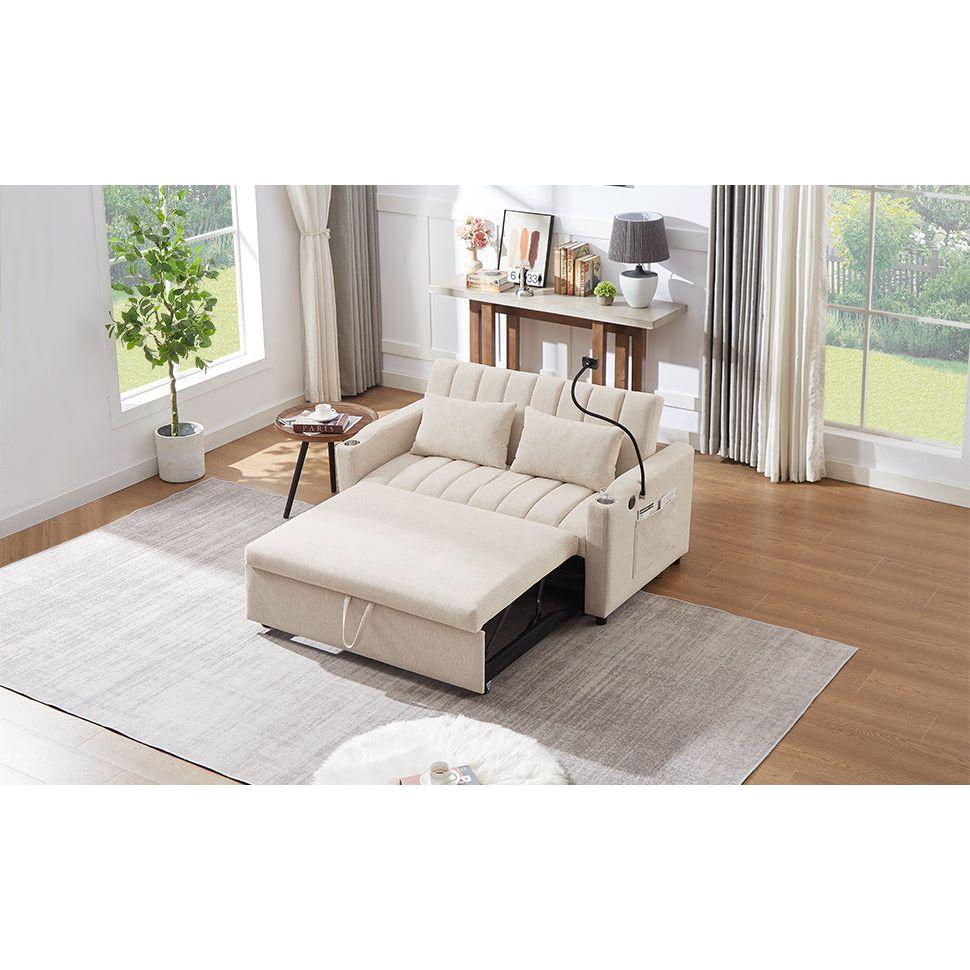 55.9" Convertible Sofa Bed Loveseat Sofa with Three USB Ports, Two Side Pockets, Two Cup Holders and 360Swivel Phone Holder for Living Room, Beige