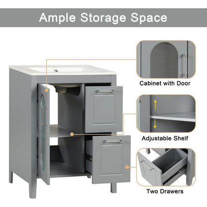 24" Bathroom Vanity with Sink, Bathroom Vanity Cabinet with Two Drawers and Door, Adjustable Shelf, Solid Wood and MDF, Grey