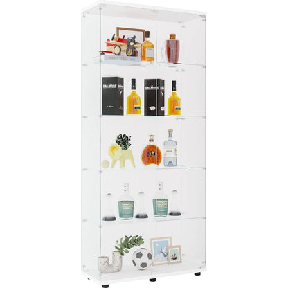Glass Display Cabinet with 5 Shelves Double Door, Curio Cabinets for Living Room, Bedroom, Office, White Floor Standing Glass Bookshelf, Quick Installation