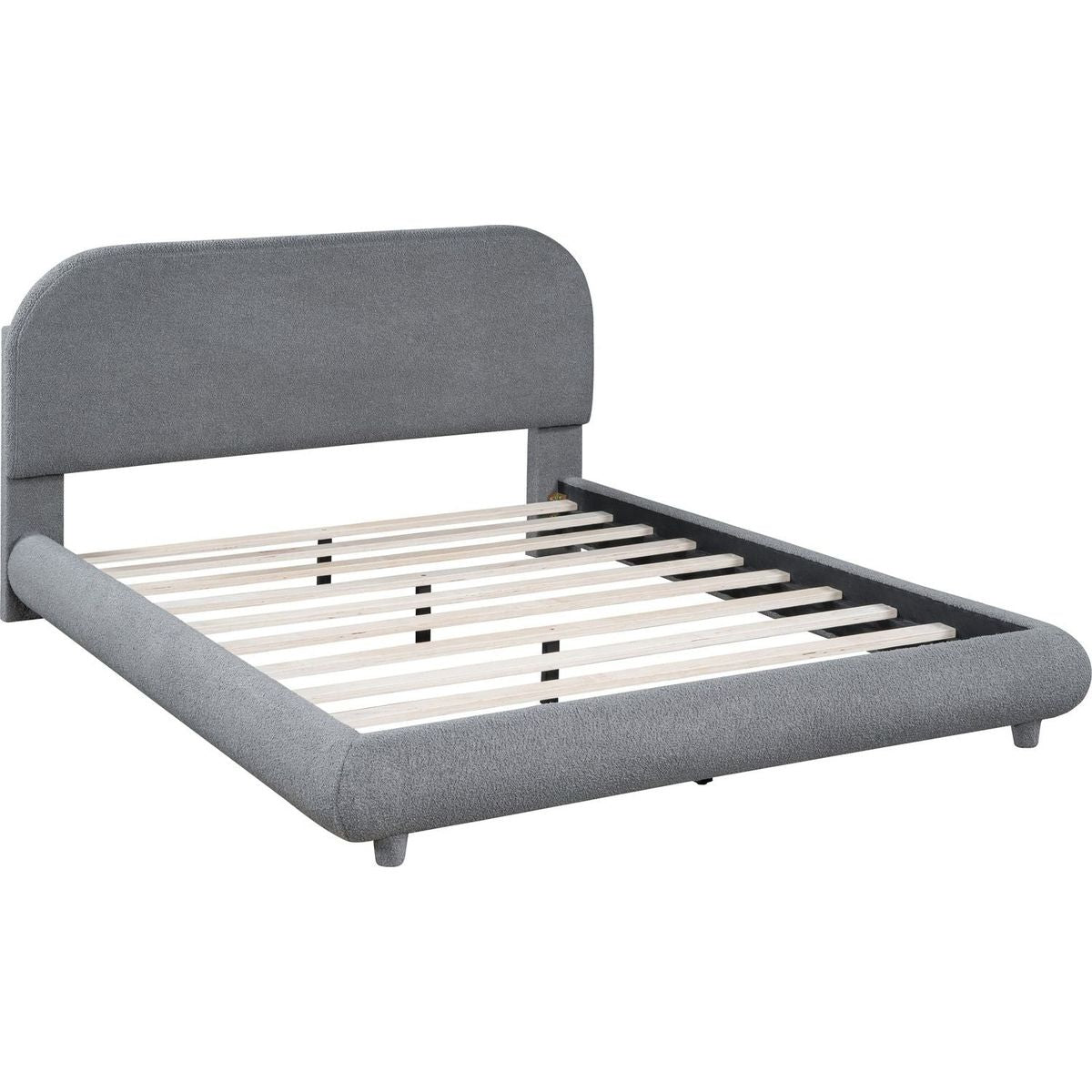 Teddy Fleece Full Size Upholstered Platform Bed with Thick Fabric, Solid Frame and Stylish Curve-shaped Design, Gray