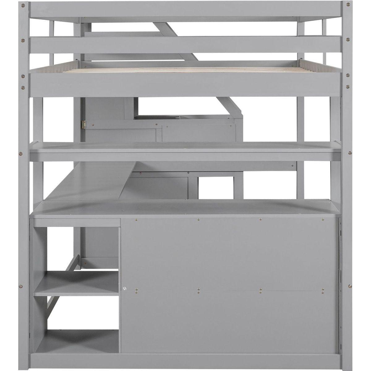 Full Size Loft Bed with Desk and Shelves, Two Built-in Drawers, Storage Staircase, Gray