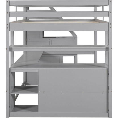 Full Size Loft Bed with Desk and Shelves, Two Built-in Drawers, Storage Staircase, Gray
