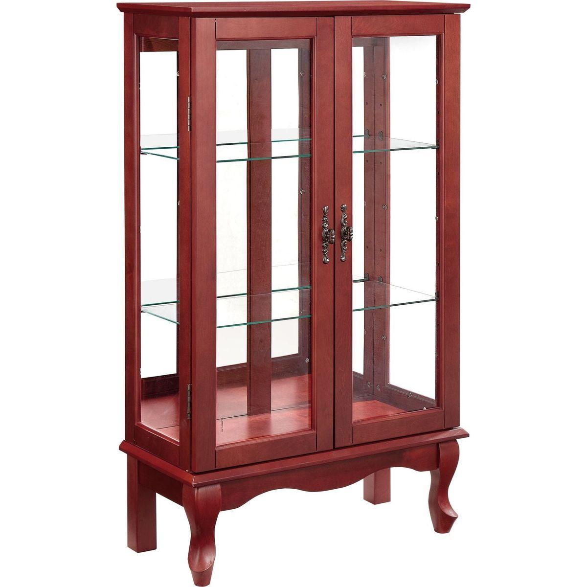 2 Doors Curio Cabinet with Tempered Glass Doors, Curio Cabinets with Mirrored Back Panel and Adjustable Shelves, Lighted Display Cabinet for Home, Office Light Bulb Included Cherry