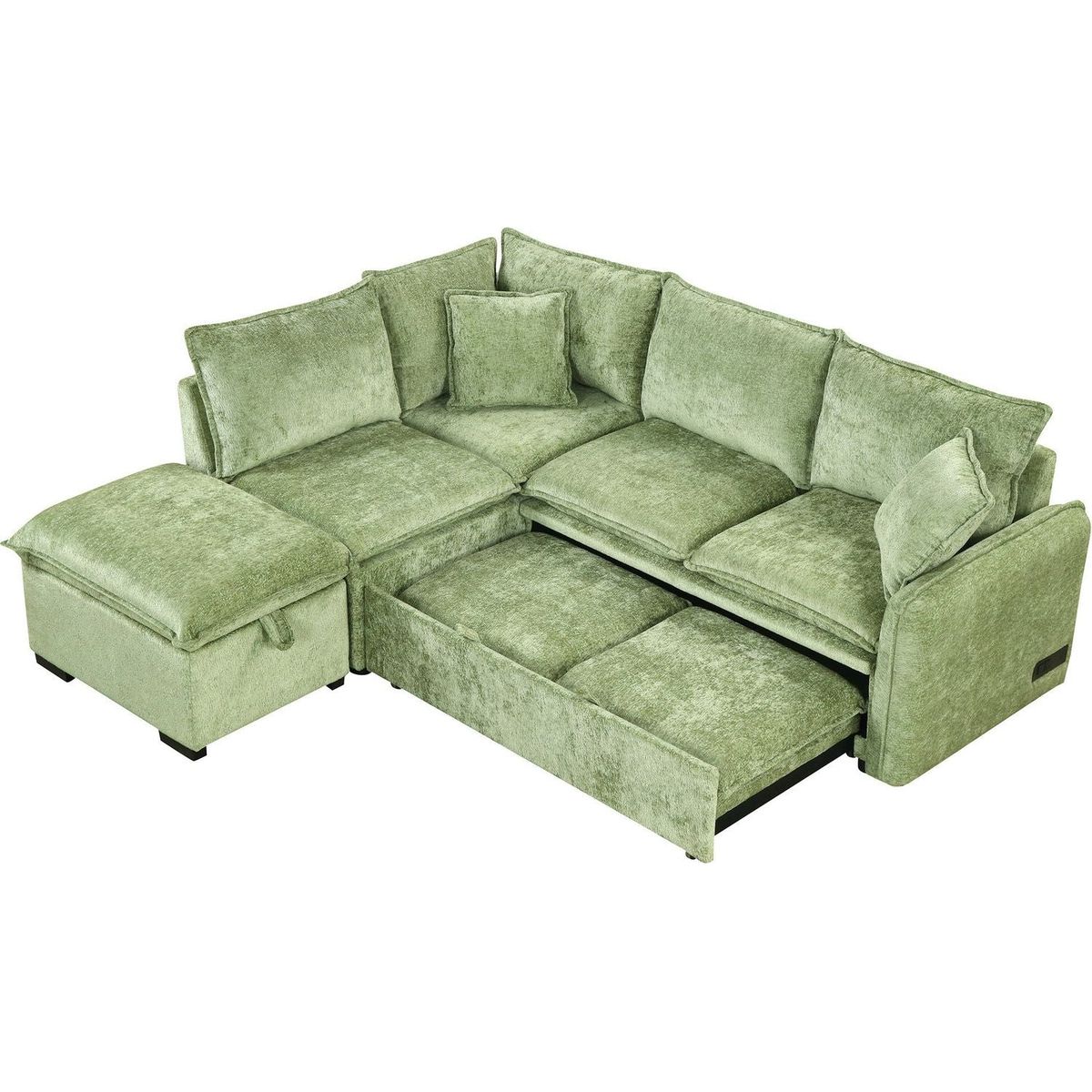 82.67"Convertible Sofa Bed Sectional Sofa Sleeper L-shaped Sofa with a Storage Ottoman,Two Pillows, Two Power Sockets and Two USB Ports for Living Room, Green