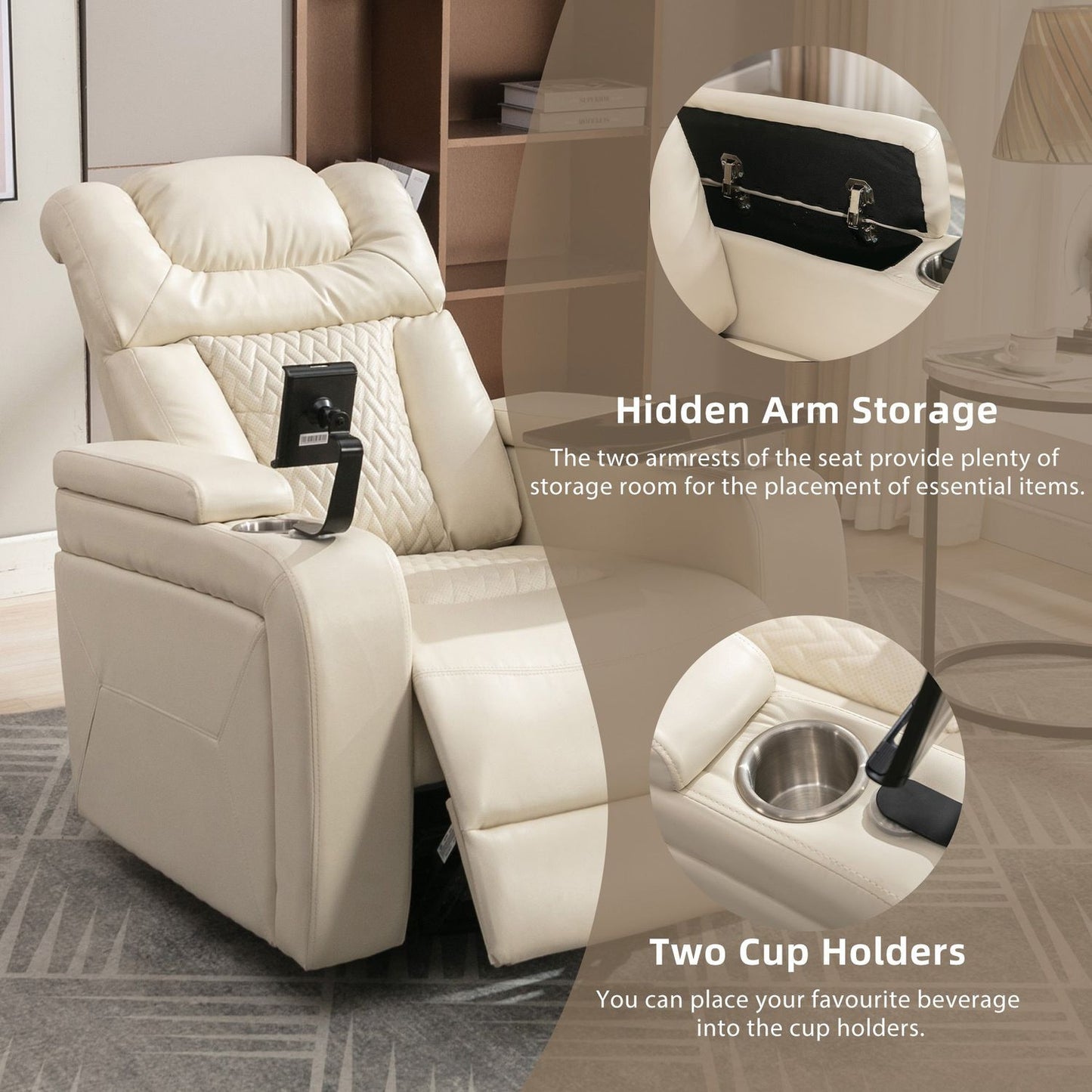 270 Degree Swivel PU Leather Power Recliner Individual Seat Home Theater Recliner with Comforable Backrest, Tray Table, Phone Holder, Cup Holder, USB Port, Hidden Arm Storage for Living Room, White