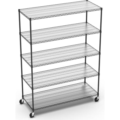 5 Tier 7500lbs Heavy Duty Adjustable Storage Rack Metal Shelf Wire Shelving Unit with Wheels & Shelf Liners - 82" H x 60" L x 24" D - Black