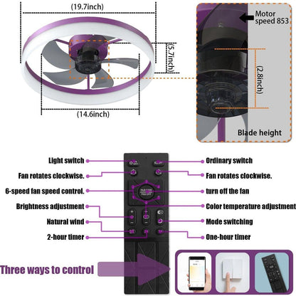 Ceiling Fans with Lights Dimmable LED Embedded installation of thin modern ceiling fans(Purple)