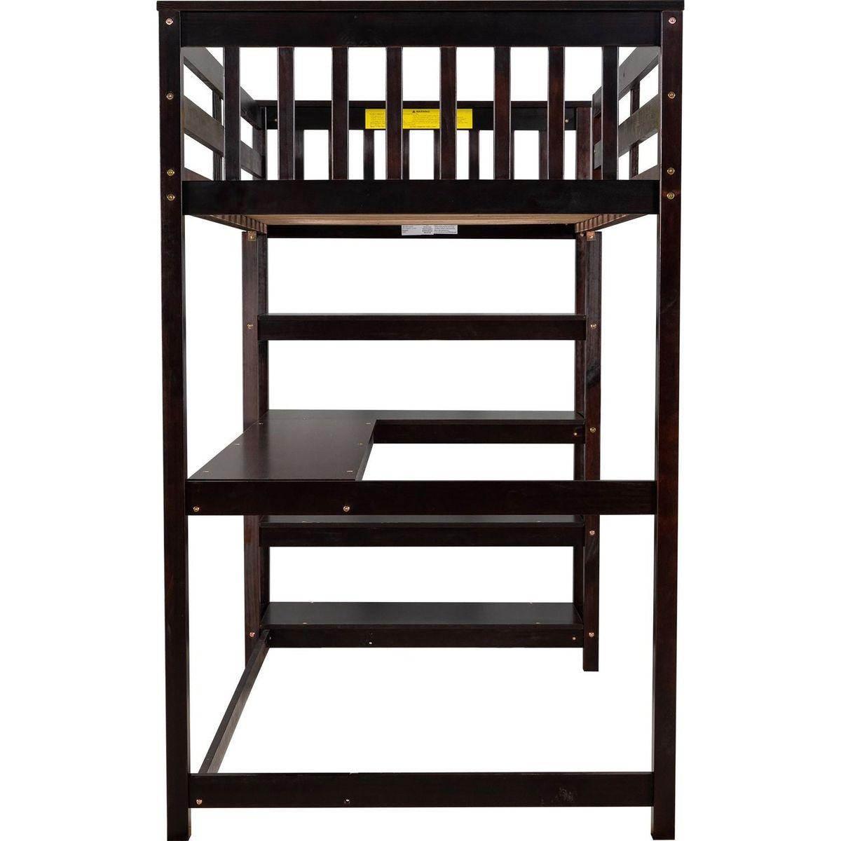 Twin Size Loft Bed with Storage Shelves and Under-bed Desk, Espresso