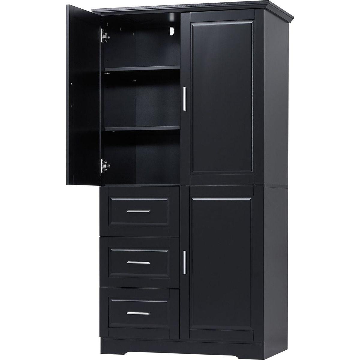 Tall and Wide Storage Cabinet with Doors for Bathroom/Office, Three Drawers, Black