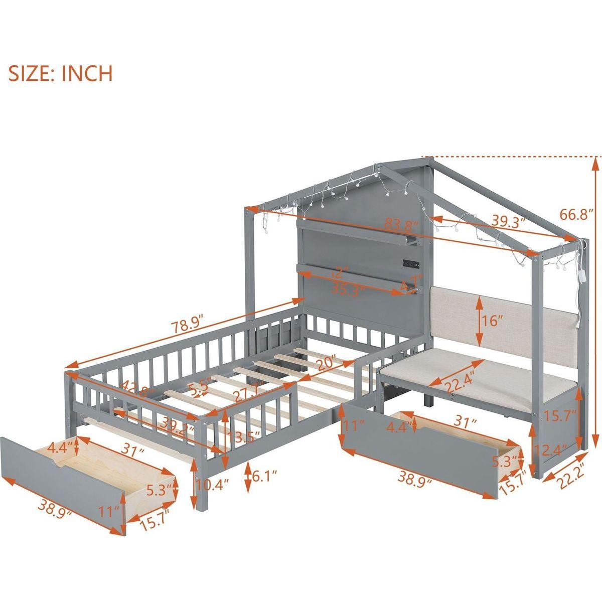 Twin Size House Bed with Upholstered Sofa, House Bed with Charging Station, Wireless Charging, Shelves and Two Drawers, Gray