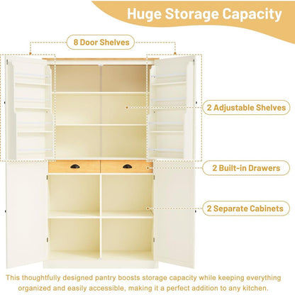 [Assembly Video Provided]40.2x20x71.3inch High Freestanding Kitchen Pantry Large Cupboard Storage Cabinet with 2 Drawers, 2 Adjustable Shelves, 8 Door Shelves for Kitchen, Dining Room,Cream