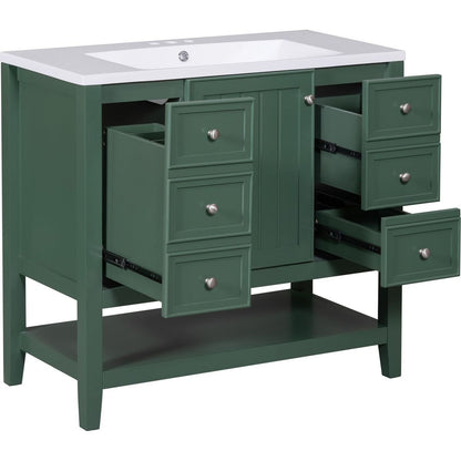 36" Bathroom Vanity with Sink Combo, One Cabinet and Three Drawers, Solid Wood and MDF Board, Green