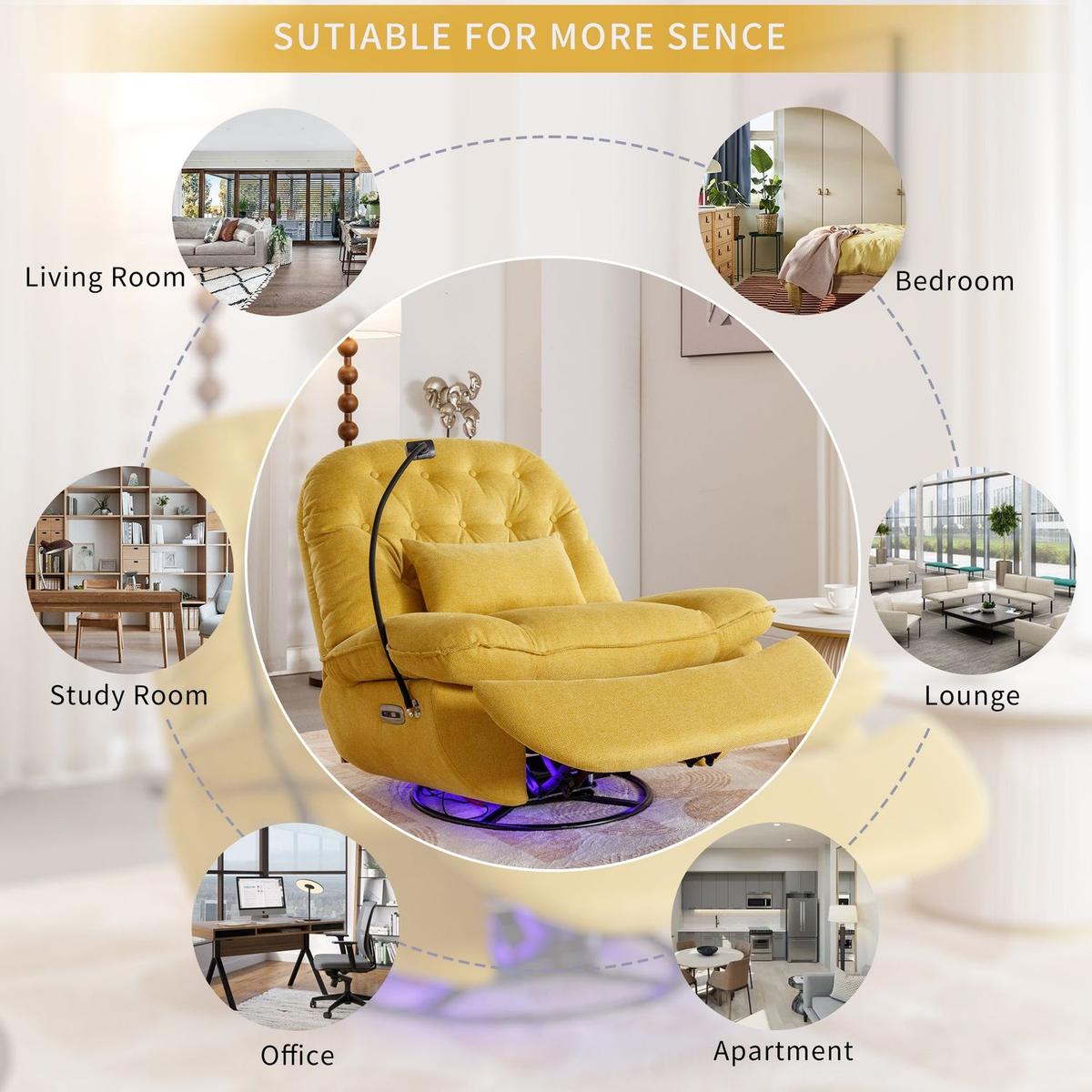 270 Degree Swivel Power Recliner with Voice Control, Bluetooth Music Player,USB Ports, Atmosphere Lamp, Hidden Arm Storage and Mobile Phone Holder for Living Room, Bedroom, Apartment, Yellow