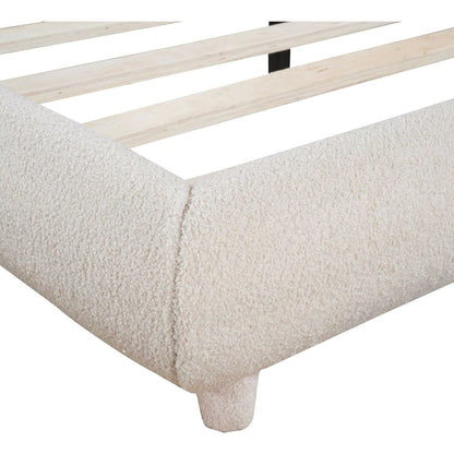 Teddy Fleece Queen Size Upholstered Platform Bed with Thick Fabric, Solid Frame and Stylish Curve-shaped Design, Beige
