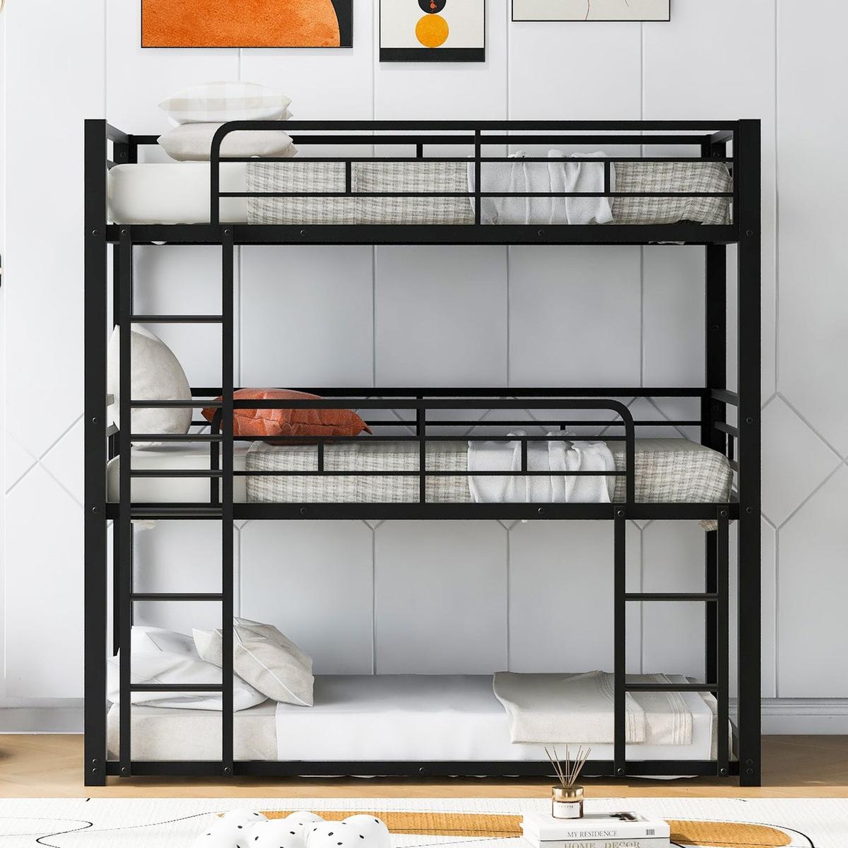 Metal Twin Size Triple Bunk Bed, Black - Streamdale Furniture