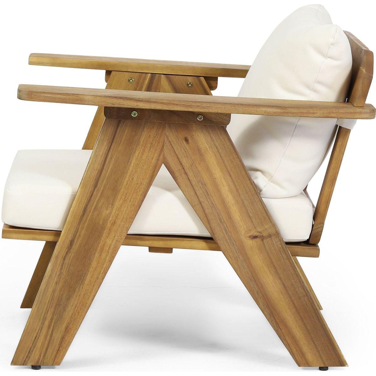 Outdoor Acacia Wood Club Chairs with Cushions (Set of 2), Teak Finish+ Beige, 30.75" W x 30.25" D x 26.00" H