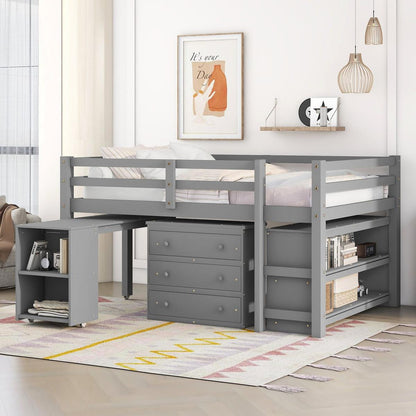 Low Study Full Loft Bed with Cabinet, Shelves and Rolling Portable Desk, Multiple Functions Bed- Gray