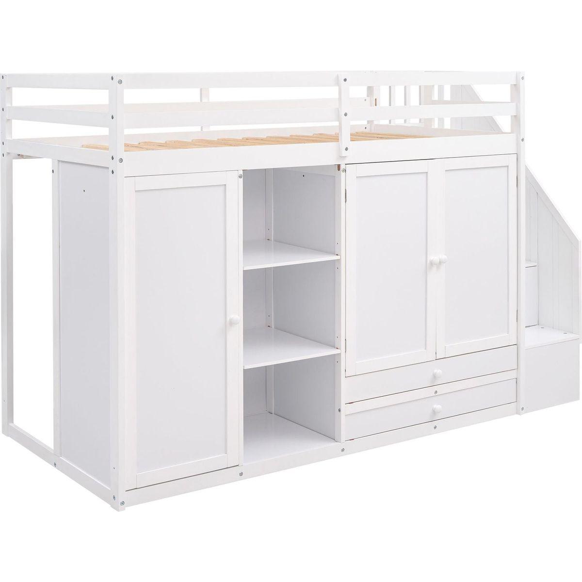 Functional Loft Bed with 3 Shelves, 2 Wardrobes and 2 Drawers, Ladder with Storage, No Box Spring Needed, White