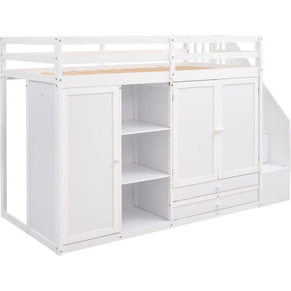 Functional Loft Bed with 3 Shelves, 2 Wardrobes and 2 Drawers, Ladder with Storage, No Box Spring Needed, White