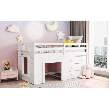 Twin Size Loft Bed with Cabinet and Shelf - White