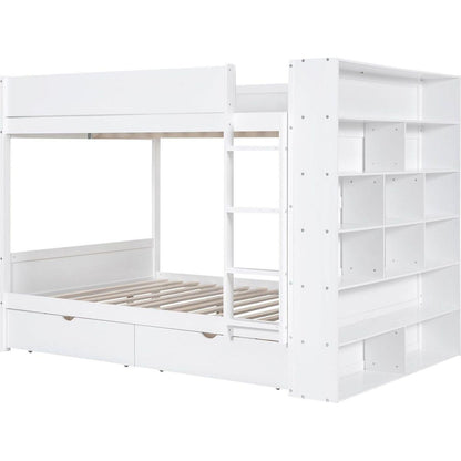 Full over Full Bunk Bed With 2 Drawers and Multi-layer Cabinet, White