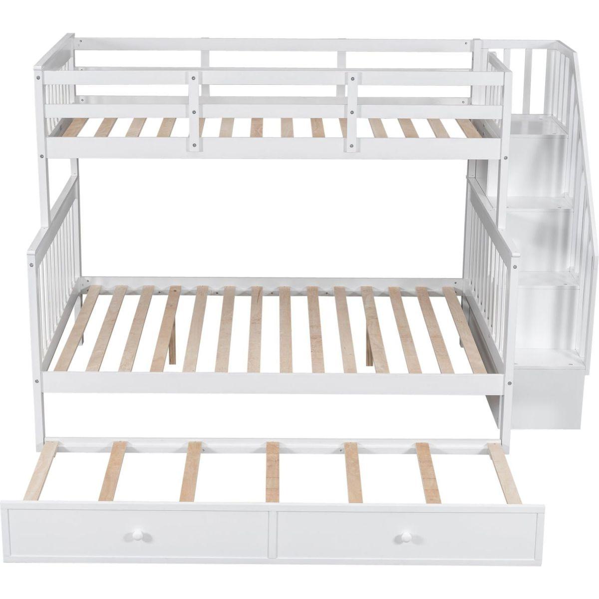 Twin-Over-Full Bunk Bed with Twin size Trundle, Storage and Guard Rail for Bedroom, Dorm, for Adults, White